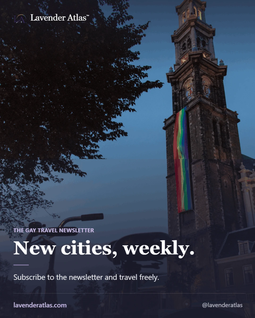 Amsterdam's Westerkerk tower at dusk with a rainbow banner